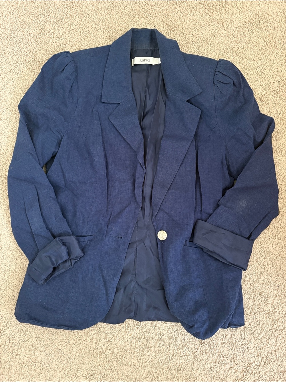 JustFab Navy Blue Single-Button Puff Shoulder Blazer